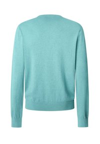 Jasnoniebieski sweter z długim rękawem, okrągłym dekoltem, ściągaczami przy mankietach i u dołu. Wykonany z miękkiej tkaniny o gładkiej fakturze.