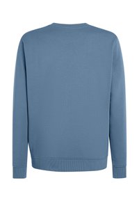 Blå sweatshirt med lange ærmer, ribbede manchetter og rund halsudskæring. Teksturen ser glat ud med en afslappet pasform. Ingen synlige mærker eller mønstre.