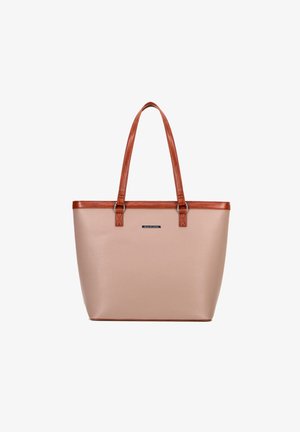 Sac fourre-tout en cuir tan avec une finition texturée, accents en cuir marron et doubles poignées. Présente un design minimaliste avec un petit logo.