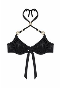 Black satin bra with structured cups, ruched detailing, and pearl accents. Features a halter neck tie and front bow closure.