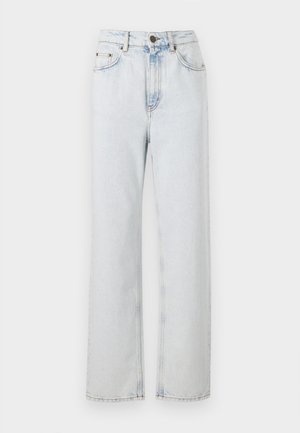 Light wash denim jeans with a straight leg cut, high waist, five-pocket design, and a single metal button closure.