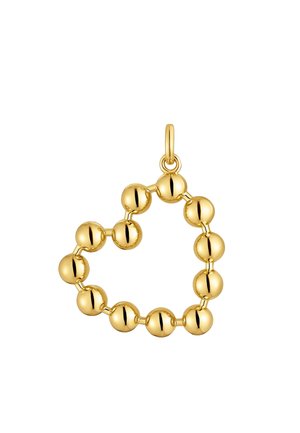 Pendente a forma di cuore in oro caratterizzato da una serie di perle sferiche lucidate collegate tra loro da un piccolo anello per l'attacco.