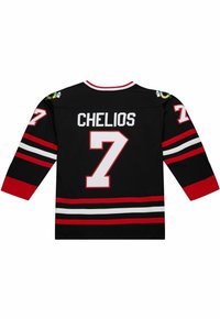 Maillot de hockey noir avec des rayures rouges et blanches, arborant 'CHELIOS' et le numéro '7' au dos. Manches longues et col côtelé.