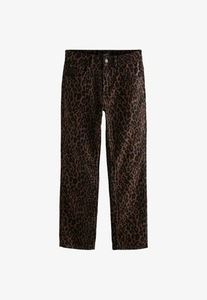 Jeans de estampado de leopardo marrón, hechos de una mezcla de algodón. Cuenta con un diseño de cinco bolsillos y cierre de botón. Pierna recta con ligera textura.