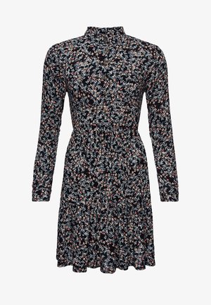 Robe à manches longues en tissu noir avec un motif floral mettant en avant des fleurs bleues et roses, col haut et ourlet évasé.