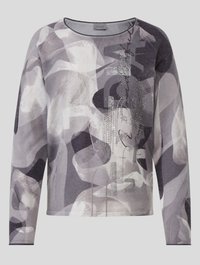 Long-sleeve top in shades of gray with an abstract pattern, featuring a round neckline and decorative embellishments. Soft texture.