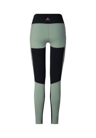 Lysegrønne og sorte atletikleggings med høj talje og pink "Fire + Ice"-logo på bagsiden af linningen.