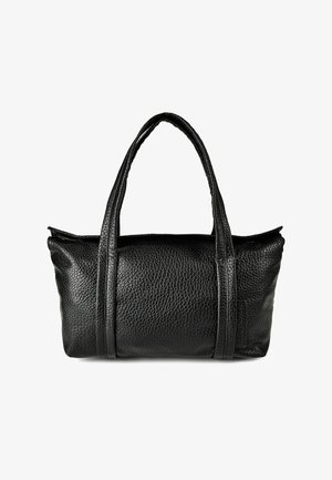 Sac à main en cuir noir texturé avec deux longues poignées et un corps rectangulaire, présenté sur un fond blanc.