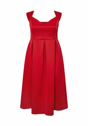 Rød ærmeløs kjole med rundet udskæring, plisseret skørt og strukturerede skulderdetaljer, lavet af et glat stof.