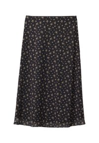 Jupe midi bleu foncé en tissu léger, ornée d'un motif floral en crème et jaune, avec une silhouette évasée et un ourlet.