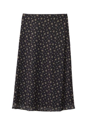 Jupe midi bleu foncé en tissu léger, ornée d'un motif floral en crème et jaune, avec une silhouette évasée et un ourlet.
