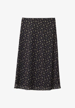 Jupe midi bleu foncé en tissu léger, ornée d'un motif floral en crème et jaune, avec une silhouette évasée et un ourlet.