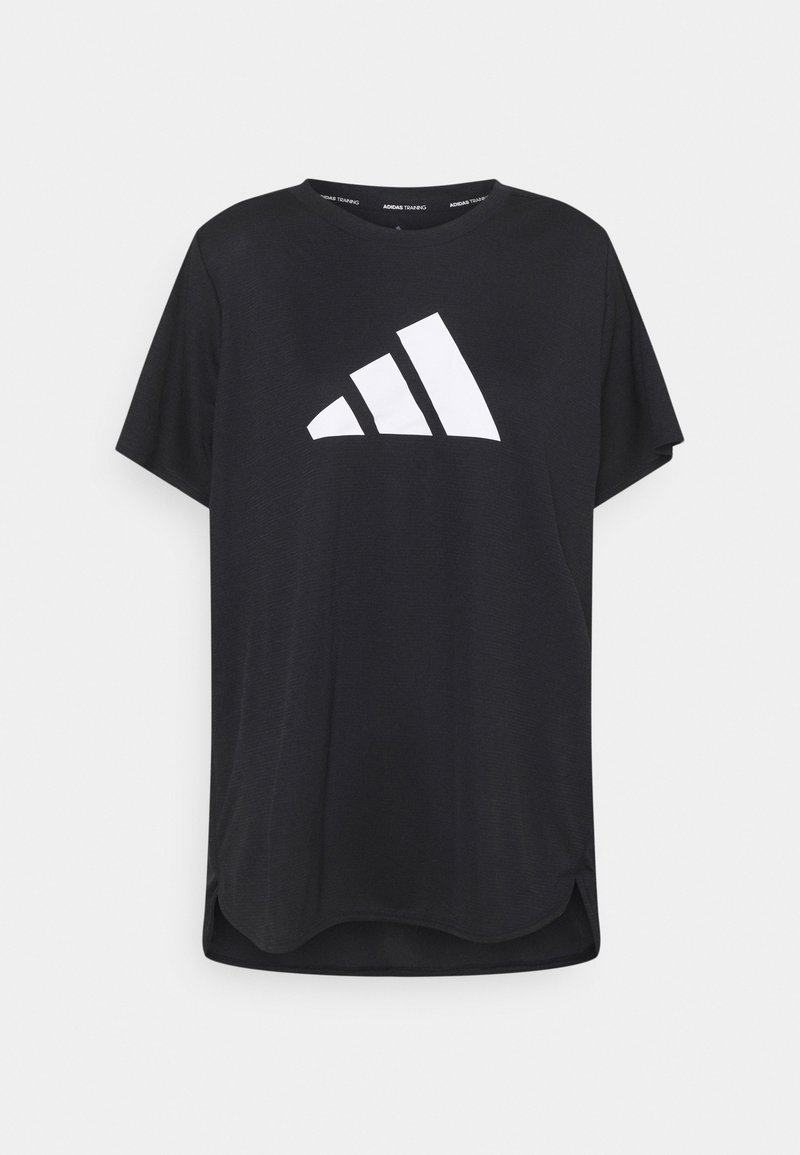 Černé tričko s krátkým rukávem vyrobené z lehkého materiálu, na přední straně s velkým bílým logem adidas a zaobleným lemem.