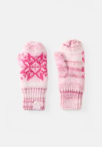 Strickhandschuhe in verschiedenen Rosatönen, mit Sternenmuster und einem gerippten Bündchen. Weiche Textur mit einem Etikett am Bündchen.