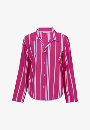 Overhemd met lange mouwen in felroze met verticale witte en lichtblauwe strepen, puntige kraag en lichtblauwe knopen.
