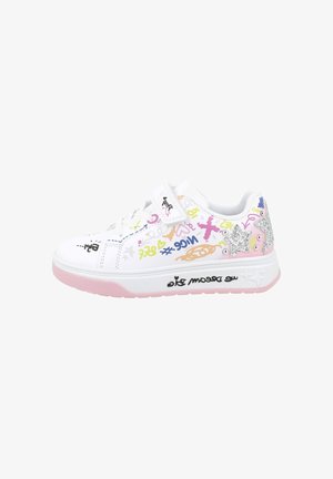Sneakers bianchi con doodle colorati, dettagli glitterati e una suola rosa. Presentano una fascia in Velcro e una superficie testurizzata con dettagli grafici.