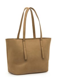 Borsa tote in pelle scamosciata color cuoio con due spallacci, forma rettangolare, texture liscia, senza decorazioni o motivi visibili.