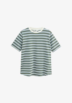 Striped t-shirt featuring thin horizontal stripes in green, blue, and white, with a cream-colored ribbed crew neckline and short sleeves.