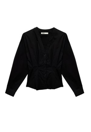 Zwarte blouse met lange mouwen, knopen voor, V-hals, getailleerde taille en lichte plooien aan de voorkant en zijkanten.