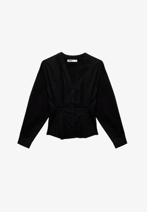 Zwarte blouse met lange mouwen, knopen voor, V-hals, getailleerde taille en lichte plooien aan de voorkant en zijkanten.