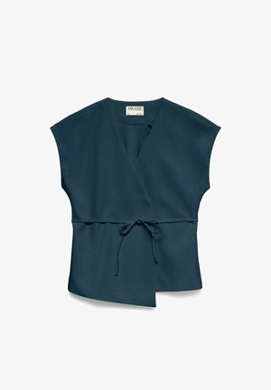 Temno modrozelena bluza s kratkimi rokavi, V-izrezom, asimetričnim robom in nastavljivim pasom za vezanje v pasu, z oznako blagovne znamke "AWARE".