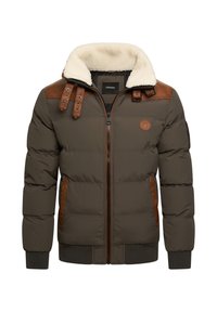 Dunkelgrüne Pufferjacke mit Schafwollkragen. Verfügt über braune Lederakzente an den Schultern, einen Reißverschluss und gerippte Bündchen.