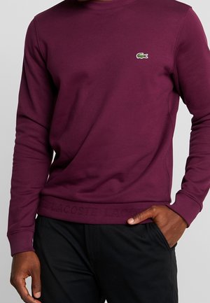 Mand iført en langærmet, mørkelilla Lacoste sweatshirt med et lille grønt krokodillelogo på brystet og sorte bukser.
