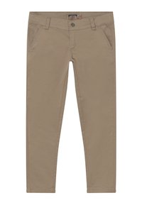 Pantalons beige ajustés avec poches avant, passants de ceinture, fermeture à bouton et une étiquette de marque sur la taille.