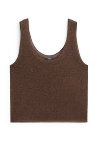 Débardeur marron sans manches, en tissu tricoté doux, avec un col rond et des détails de couture minimalistes le long des bords.