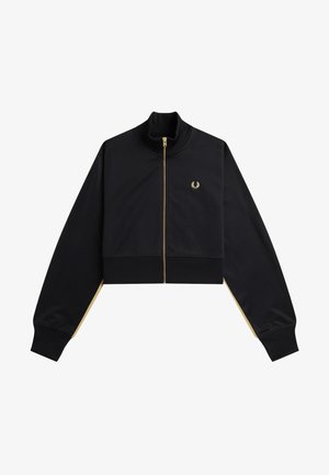 Schwarze, gekürzte Jacke mit durchgehendem Reißverschluss und goldfarbenem Reißverschluss sowie kleinem goldfarbenem Lorbeerkranz-Logo auf der Brust, gerippte Bündchen und Kragen.