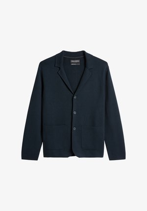 Granatowa dzianinowa marynarka z klapkowym kołnierzykiem, z przodem na guziki i dwiema przednimi kieszeniami. Gładka tekstura i dopasowany krój.