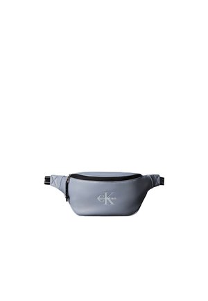 Graue Calvin Klein Bauchtasche mit schwarzem Reißverschluss und verstellbarem Riemen, mit dem CK-Logo vorne in der Mitte.