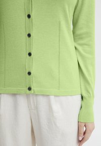 Cardigan a maglia verde chiaro con una fila di bottoni neri, texture a coste, cuciture laterali e maniche lunghe. Abbinato a pantaloni beige.