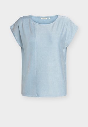 Hellblaues legeres Kurzarm-Oberteil mit feinen vertikalen und horizontalen Streifen und rundem Ausschnitt, Größe S.