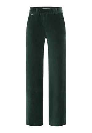 Donkergroene corduroy broeken met een rechte pijpdesign, subtiele textuur van verticale ribbels en een standaard tailleband met riemlussen.