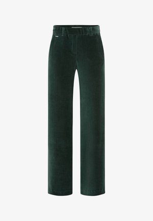 Pantaloni in corduroy verde scuro con design a gamba dritta, texture sottile delle righe verticali e vita standard con passanti per cintura.