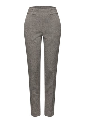 Graue karierte Hose mit maßgeschneiderter Passform, flachem Bund und geraden Beinen. Texturiertes Gewebe mit einem dezenten Muster über die gesamte Hose.