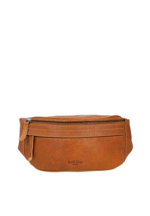 Pochette en cuir marron avec fermeture éclair, présentant des détails de surpiqûres diagonales et une petite étiquette sur le côté. Forme compacte et rectangulaire.