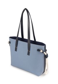 Borsa a mano in tessuto blu con dettagli in pelle blu navy, doppie maniglie e dettaglio a corda. Forma rettangolare con superficie strutturata e cuciture.