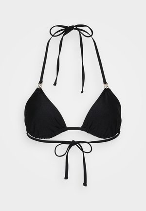 Schwarzer Bikini-Oberteil mit dreieckigen Cups. Hergestellt aus glattem Stoff, mit bindbaren Trägern, Raffung und dezenten silbernen Akzenten.