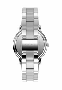 Montre en acier inoxydable argenté avec une finition polie et brossée, boîtier rond et un design de bracelet à maillons ajustable.