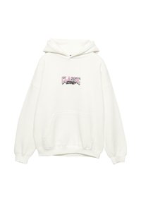 Felpa bianca realizzata in morbido tessuto, con tasca frontale e vestibilità over. Sul petto è presente una grafica colorata con la scritta "CLASSIC".