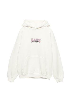 Biała bluza z kapturem wykonana z miękkiego materiału, z przednią kieszenią i luźnym fasonem. Na piersi znajduje się kolorowy napis "CLASSIC".