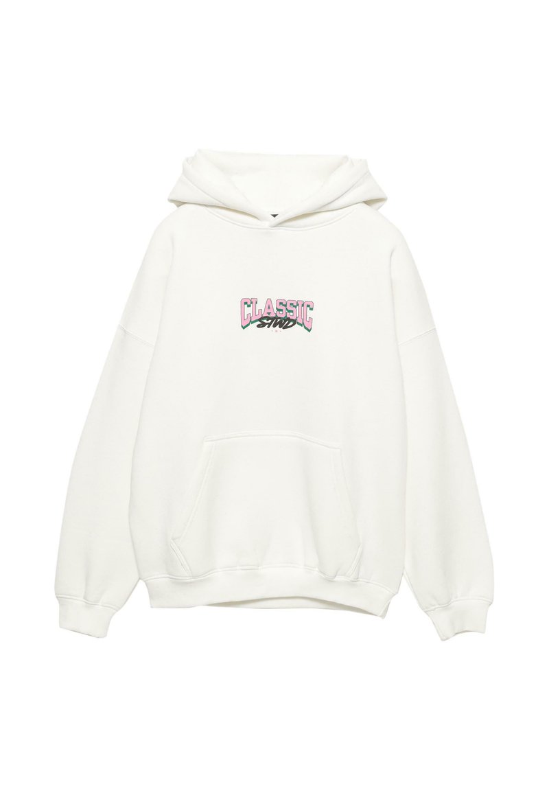Felpa bianca realizzata in morbido tessuto, con tasca frontale e vestibilità over. Sul petto è presente una grafica colorata con la scritta "CLASSIC".