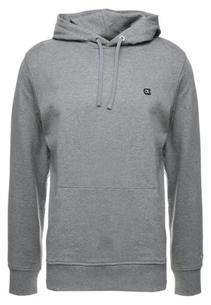 Felpa grigia con cappuccio, tasca kangaroo frontale, cappuccio con cordino, polsini e fondo a costine, e piccolo logo "CK" sul lato sinistro del petto.