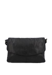 Black leather crossbody bag with a fold-over flap, smooth texture, minimalistic design, and an adjustable strap. No visible hardware accents.