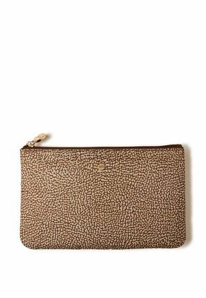 Brown zippered pouch with textured pebble pattern and small circular metal logo centered near the top, on a white background.