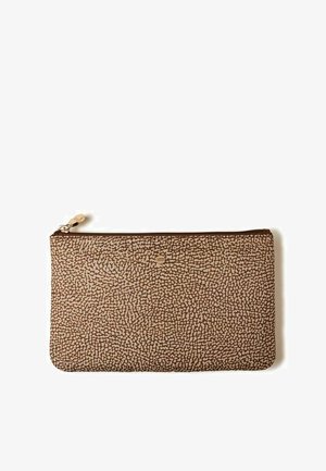 Brown zippered pouch with textured pebble pattern and small circular metal logo centered near the top, on a white background.