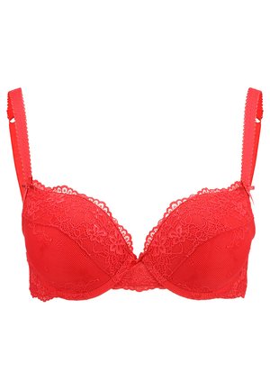 Rode kanten beha met gepadded cups, voorzien van ingewikkelde bloemenpatronen, gaasstructuur, verstelbare bandjes en scalloped randen.