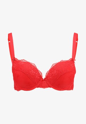 Roter Spitzen-BH mit gepolsterten Cups, verziert mit filigranen Blumenmustern, luftiger Textur, verstellbaren Trägern und gewellten Kanten.